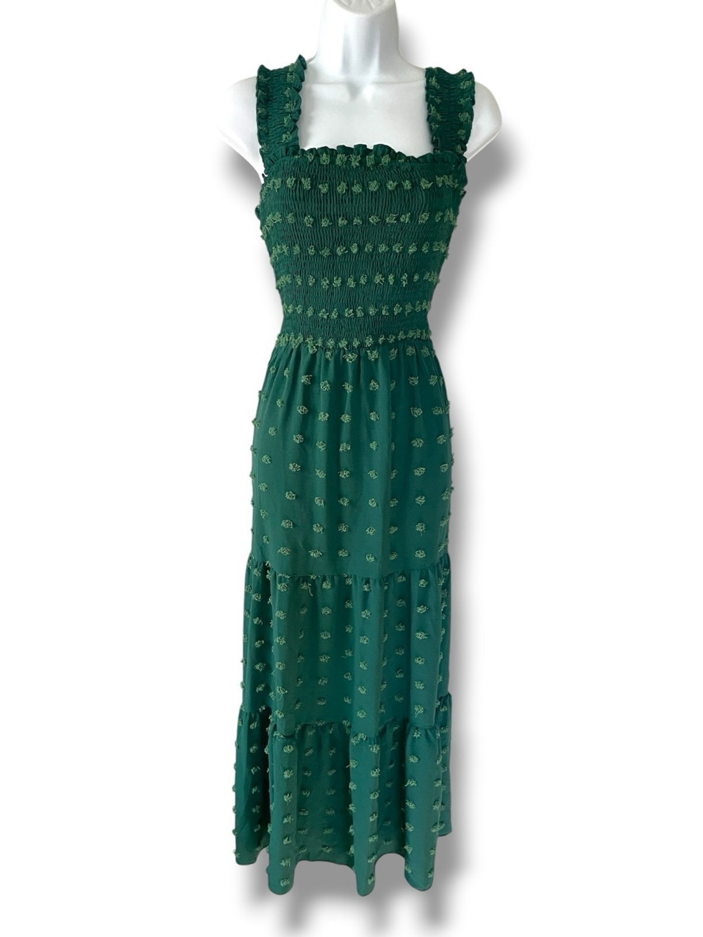 Prairie Dress Green Smocked Swiss Dot Maxi Tiered Ruffle Cottagecore Sundress
